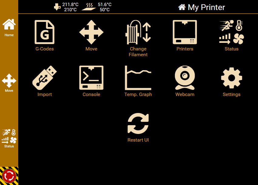 Bildabfolge der verschiedenen Funktionen für die Bedienung des Druckers über den PC, unter anderem Sprachauswahl, 3D Modell Vorschau, Filamentwechsel, Druckerstatus etc.
