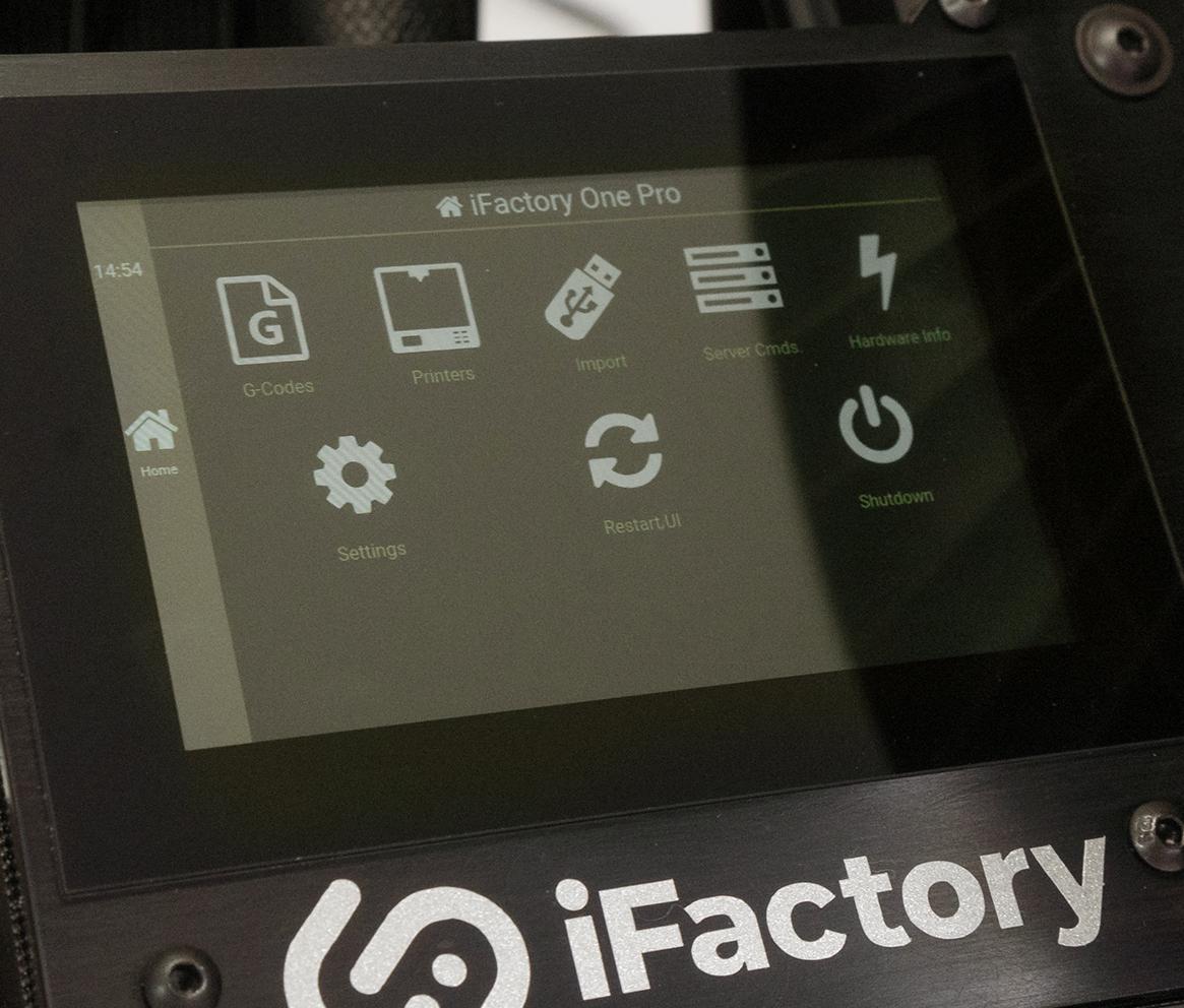 Close-up of installed touchscreen display with user interface at One Pro 3D printer by iFactory3D