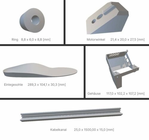 5 different CAD models compared on belt printer vs cartesian printer: ring, motor angle, shoe insole, dispaly case, cable duct