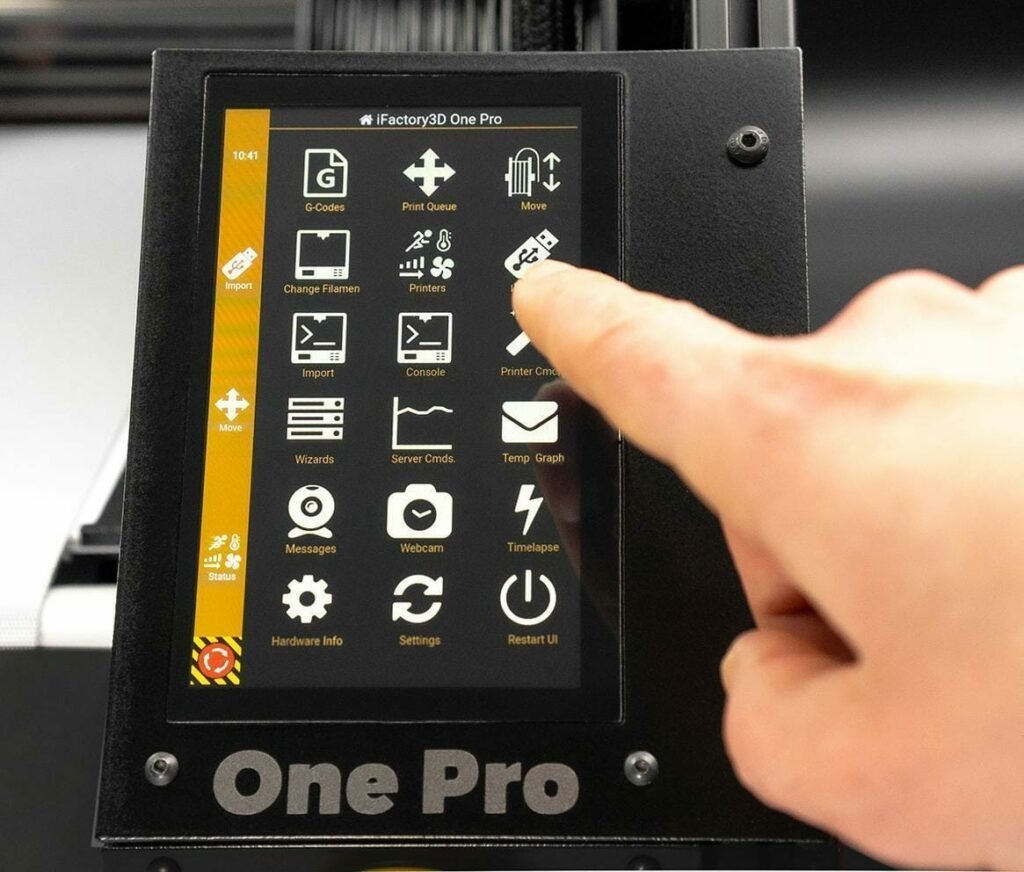 Close-up of installed touchscreen display with user interface at One Pro 3D printer by iFactory3D